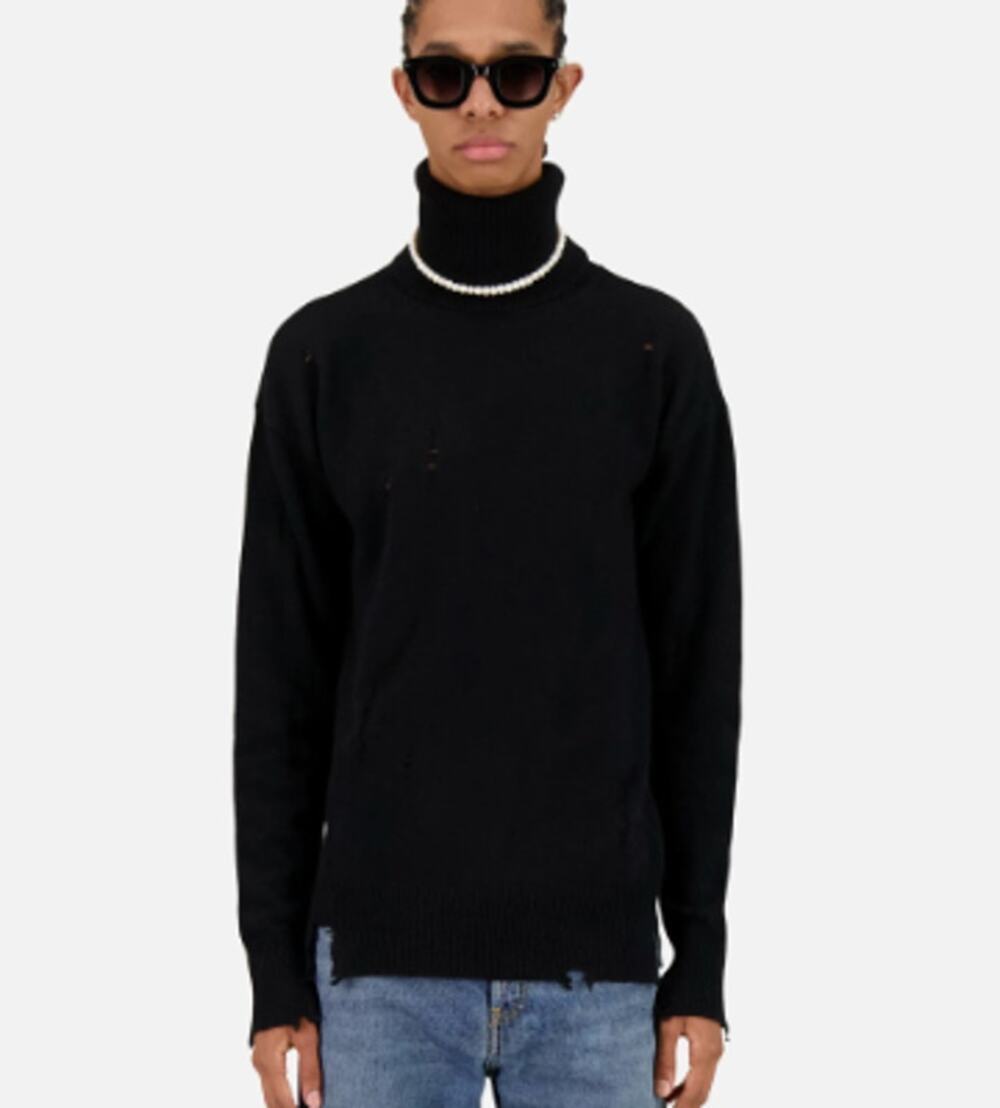 Mouty Paris 100% Cashmere Men Distressed Turtleneck Sweater Black XL NWT Grunge